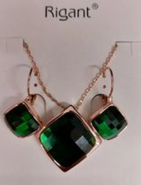Komplet kolczyki+łańcuszka zlota z kryształem zielonym Rigant - 